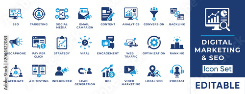 Photos Digital marketing and SEO strategy solid icon set