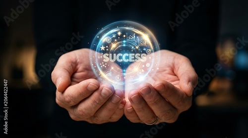 Human hands holding glowing glass sphere containing digital icons and text symbols for business growth development.