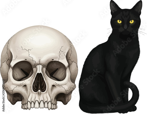 Human Skull and Black Cat Halloween Vector Illustration