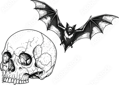 Hand Drawn Skull and Flying Bat Halloween Vector