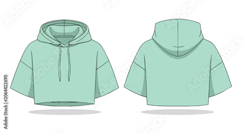Mint Green Oversized Cropped Hoodie Technical Fashion Sketch Front and Back View for Apparel Clothing Design Mockup
