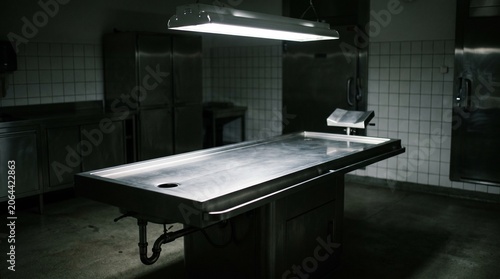 Empty stainless steel autopsy table in a dark and sterile mortuary room under a single fluorescent light