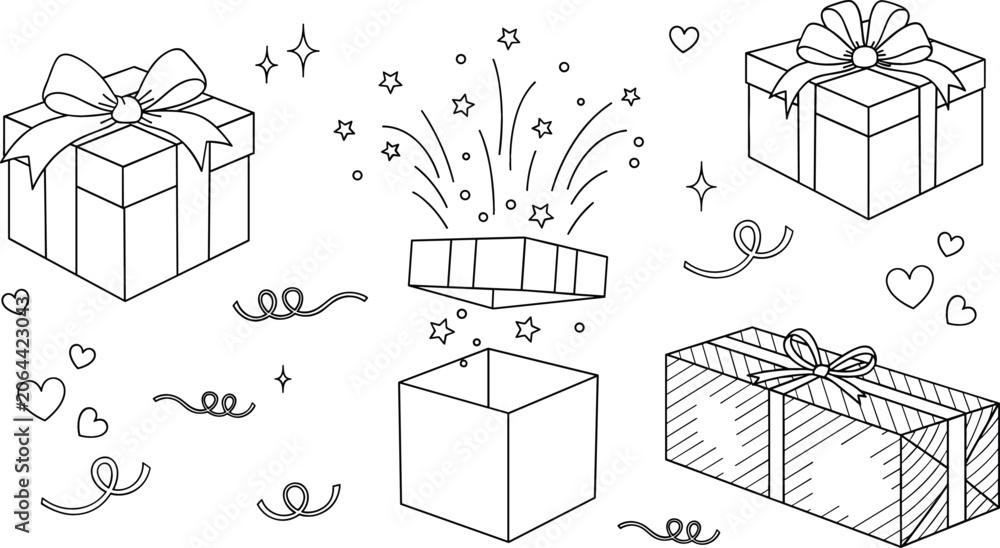 Fototapeta premium Gift box doodle vector set with ribbon bows confetti hearts and open surprise present package coloring page outline