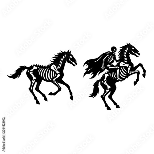 Canvas-taulu Black and white silhouette set of skeletal horses and phantom rider