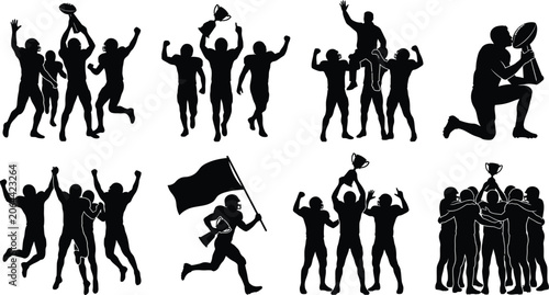 Collection of black silhouette people celebrating with trophies and flags