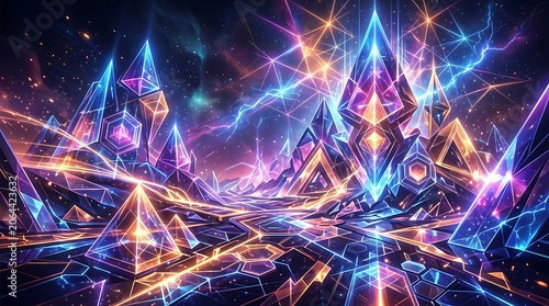 Vibrant abstract crystal landscape with glowing geometric forms and cosmic light trails