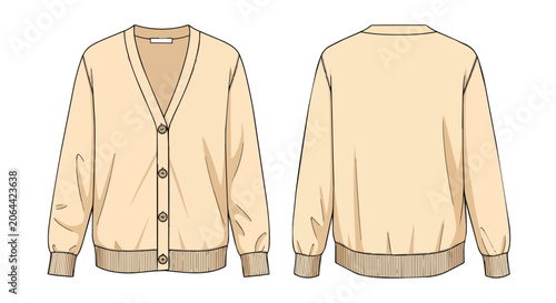 Fashion Technical Flat Sketch of a Beige Knitted Button Up Cardigan Sweater for Women Front and Back