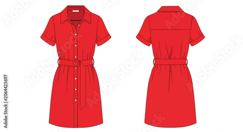 Red Short Sleeve Button Front Shirt Dress with Belt Fashion Technical Sketch Showing Front and Back View