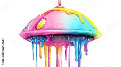 Colorful dripping UFO with playful extraterrestrial design, creative fantasy illustration, isolated on white background