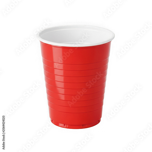 A vibrant red plastic cup standing upright against a white background isolated on transparent background