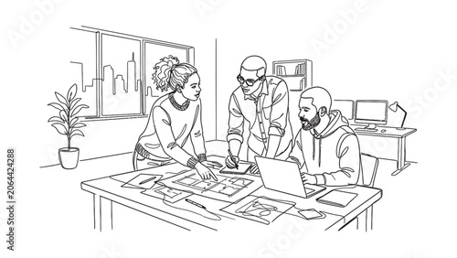 Diverse creative team collaborating on a design project in an office.