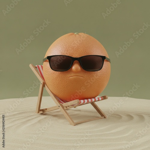 Orange fruit character relaxing in sunglasses on a beach chair against a soft green background