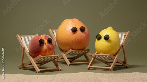 Three Fruits in Sunglasses Relaxing on Deck Chairs Against a Green Background