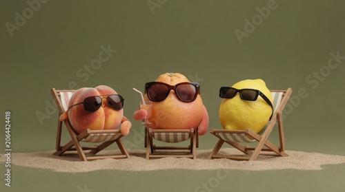 Three cartoonish fruits wearing sunglasses relaxing on beach chairs against a green backdrop