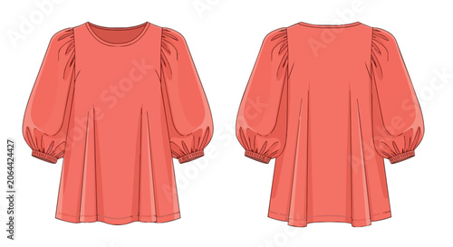Coral Pink Women Puff Sleeve Blouse Technical Drawing Front and Back View Fashion Apparel Flat Design Mockup