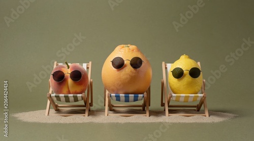 Three Colorful Fruits Relaxing in Beach Chairs with Sunglasses on a Soft Green Background