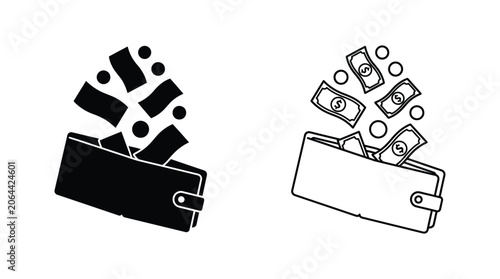 Photos Wallet With Money Falling Out Black And White Vector Illustration