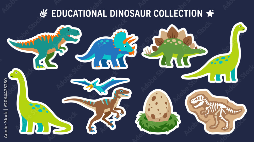 Obraz premium Colorful vector illustration featuring a diverse collection of educational dinosaur characters including a fossil skeleton and a spotted prehistoric egg