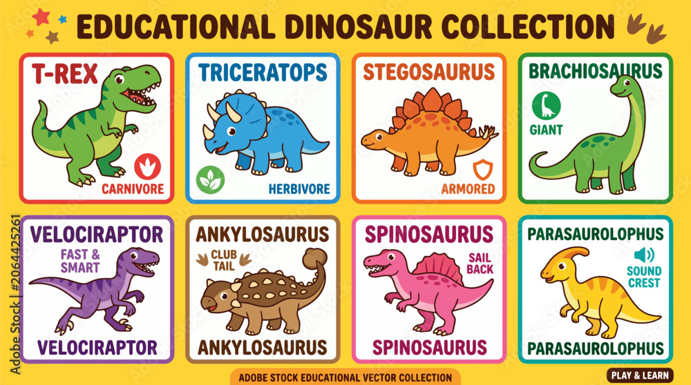 Fototapeta premium Educational dinosaur collection featuring eight colorful cartoon prehistoric reptiles arranged in a grid for children to learn scientific animal names