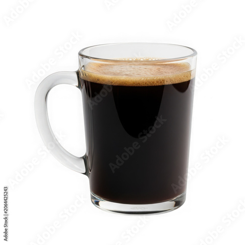 A close-up view of a glass mug filled with freshly brewed coffee. isolated on transparent background