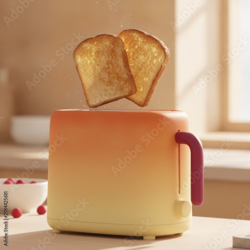 Modern toaster with golden brown toast popping up in a bright kitchen setting