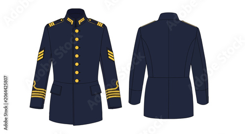 Professional Dark Blue Military Officer Ceremony Uniform Jacket with Gold Buttons and Rank Insignia Front and Back