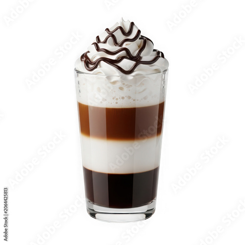 A delicious layered parfait with whipped cream, chocolate, and caramel toppings isolated on transparent background