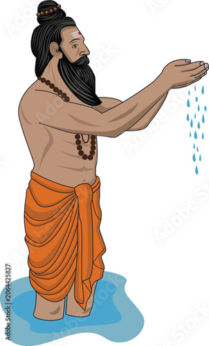 Bild auf Leinwand Vector Illustration of Indian Rishi Muni or ancient yogi standing in river and p