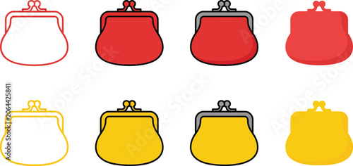 Set of coin purses in red and yellow colors, flat vector icons of vintage wallets with metal clasp