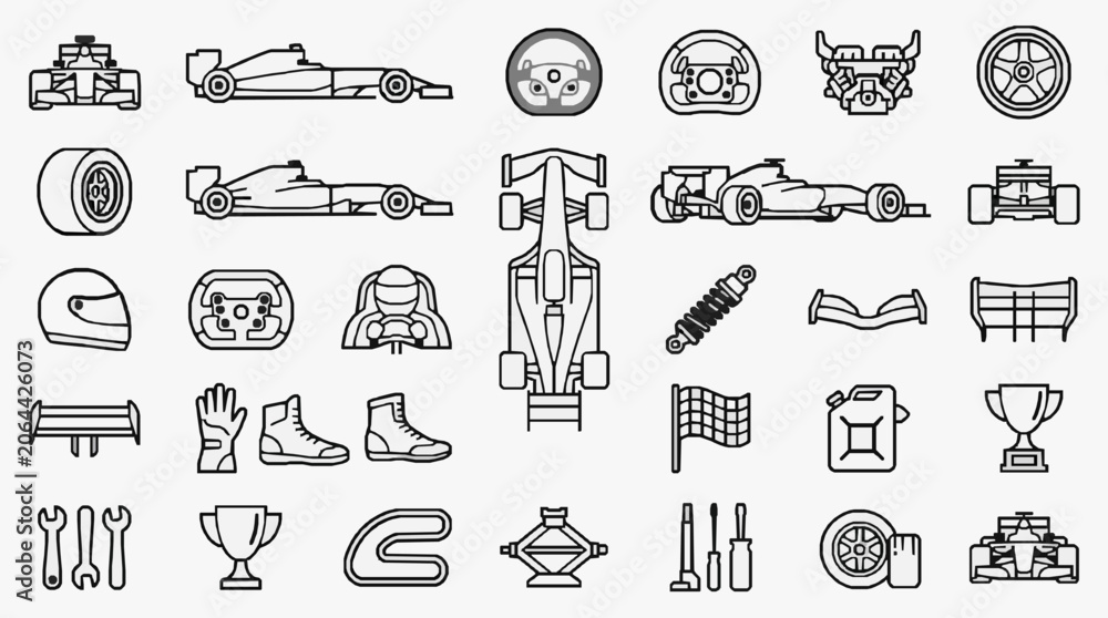 Fototapeta premium Clean Icon Set for Racing and Automotive Mechanics with Detailed Components and Equipment with high professional line art symbols for modern creative design and digital branding projects