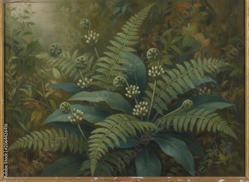 Lush Green Ferns with Unfurling Fronds and Delicate White Flowers in a Serene Natural Setting