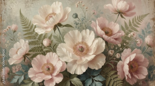 Delicate Pink Peonies and Ferns in a Vintage Floral Arrangement with Soft Pastel Background