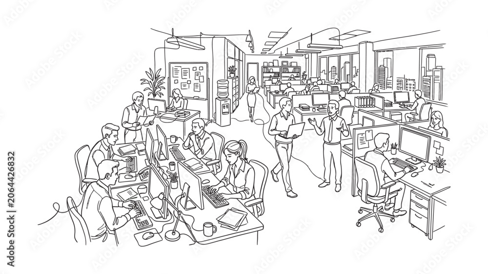 Obraz premium Black and white line drawing of busy office employees working at desks.