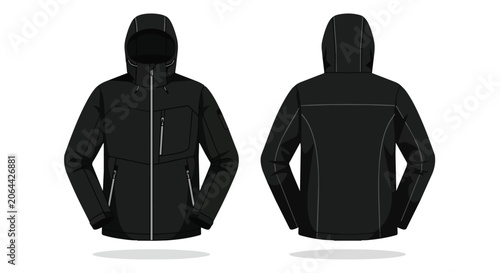 Technical Black Winter Hooded Jacket Template Front and Back View for Sportswear Design Apparel Mockup