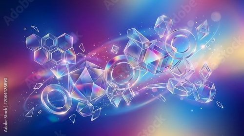 Dynamic abstract composition of iridescent geometric crystal forms and light effects