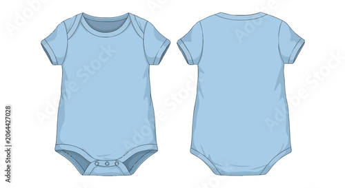 Light Blue Baby Onesie Bodysuit Mockup Front and Back View Technical Drawing for Infant Apparel Design