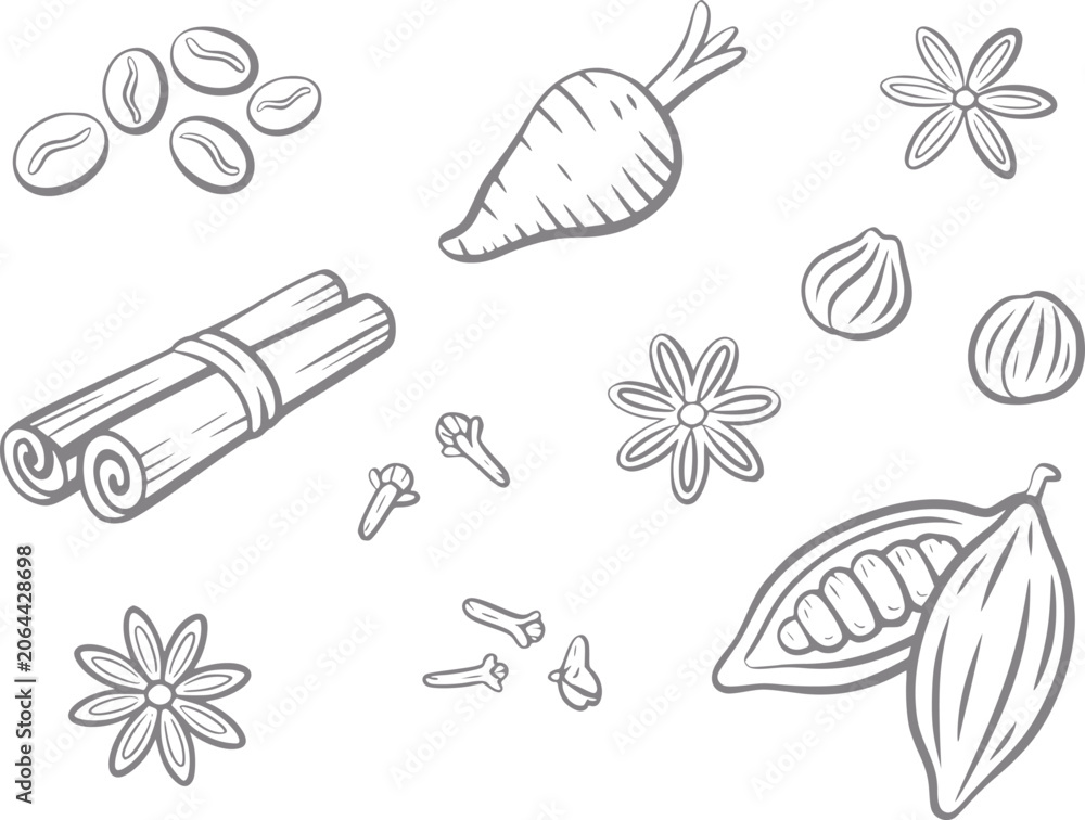 Obraz premium Hand-drawn collection of various spices and ingredients for cooking