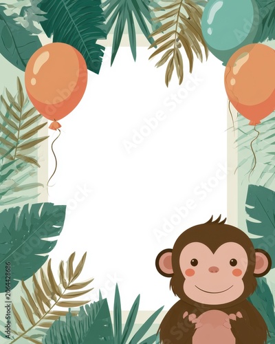 Playful Monkey Birthday Frame with Balloons and Tropical Leaves