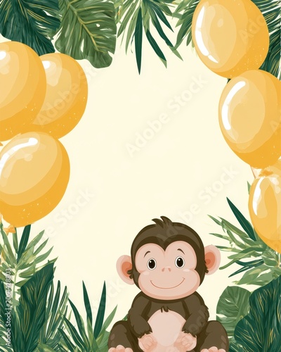 Colorful Monkey Birthday Frame with Balloons and Tropical Leaves