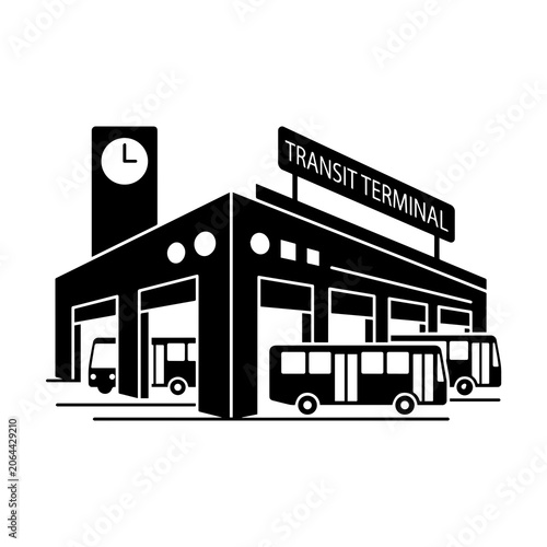 Transit terminal building icon with multiple bus bays and large clock tower