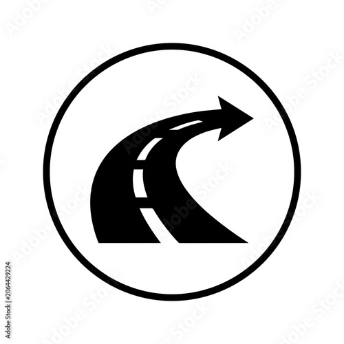 Black and white road icon featuring a curved highway path inside a circle