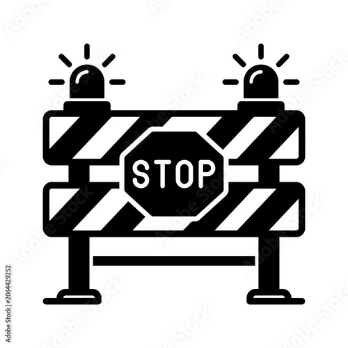 Roadblock sign with stop symbol and flashing emergency warning lights, roadblock
