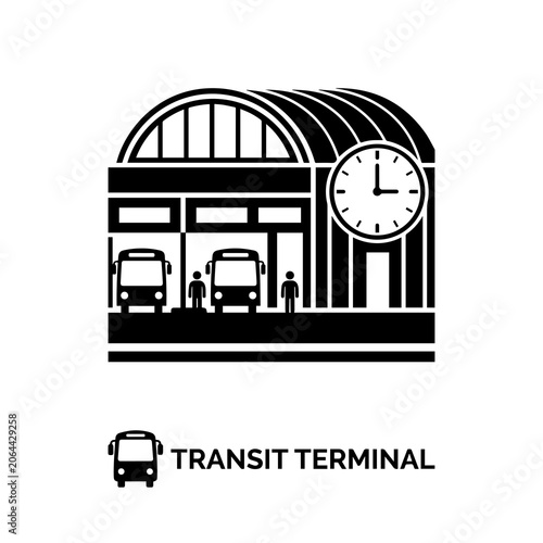 Modern transit terminal building icon with a clock and passengers waiting