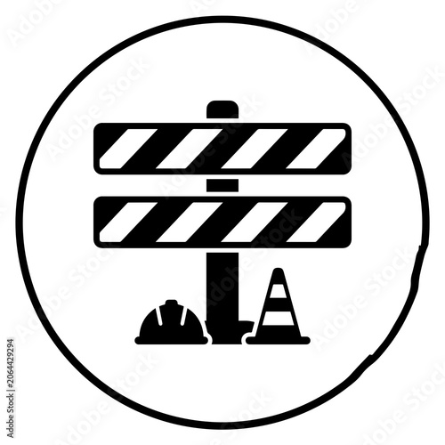 Road construction site safety sign with hard hat and traffic cone, construction