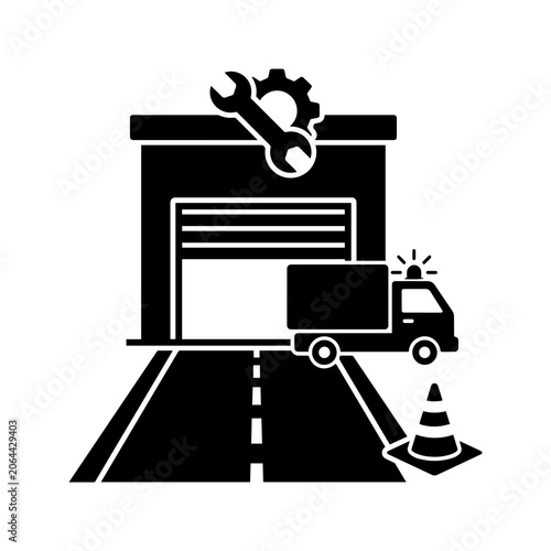 Maintenance depot icon with truck and tools maintenance construction logistic