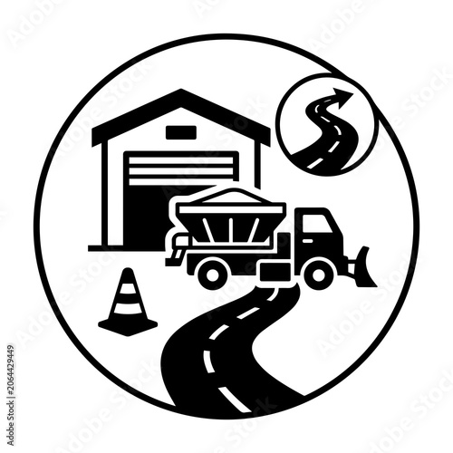 Road maintenance and warehouse logistics vector icon with warehouse, maintenance