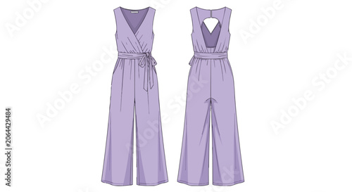 Women's Sleeveless Wide Leg Jumpsuit Technical Fashion Sketch with Front and Back Views in Lilac Purple