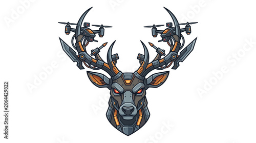 Foto Cyberpunk Deer Head with Drones on Antlers - Futuristic Animal Fusion