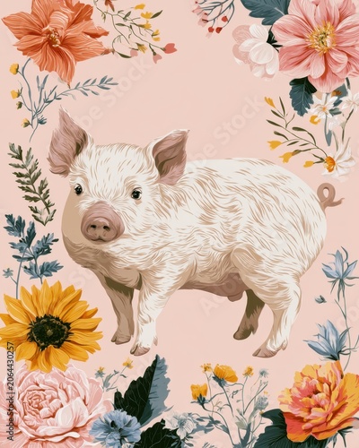 Playful Cute Animal Greeting Card Illustration with Floral Border