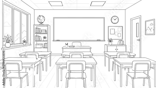 Bright classroom interior with desks and chairs arranged for learning, clean line art vector illustration, simple outline